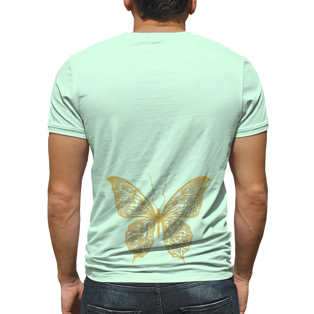 Tee Shirts Printed: Golden Butterfly - Artistic Transformation|shirt full design