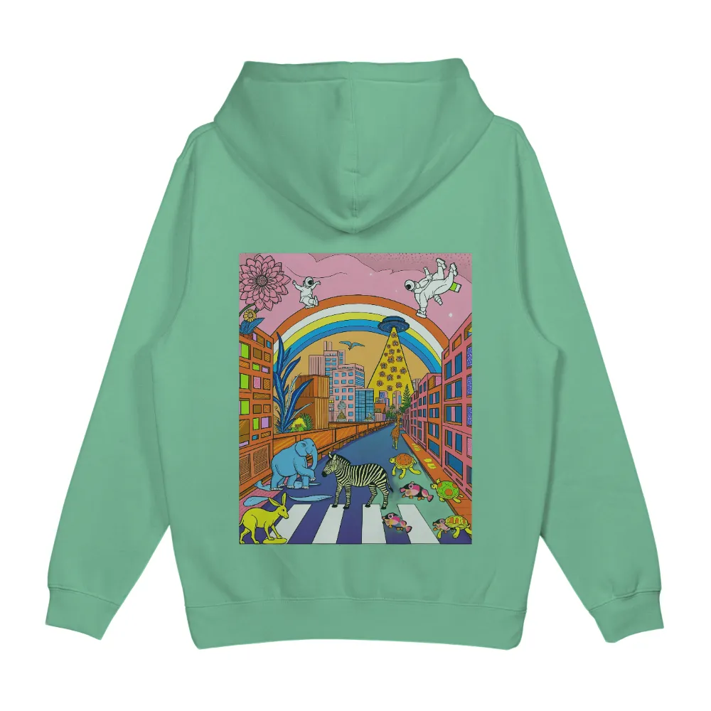 Tee Shirts Printed: Surreal Cityscape with Animals and Astronauts| rainbow arching over the city