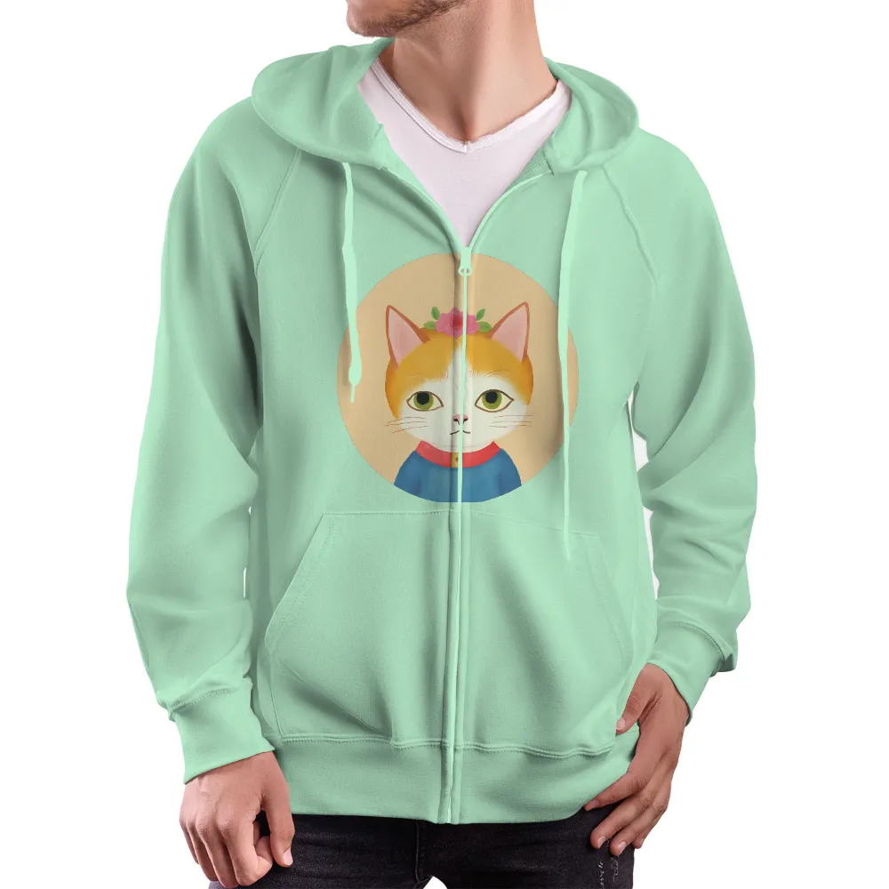 Tee Shirts Printed: Whimsical Cat with Flower Crown| Expressive green eyes