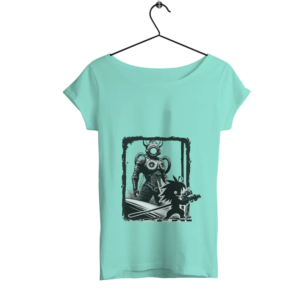 Retro Futuristic T-Shirt Design: Armored Diver and Mischievous Creature|Armored diver