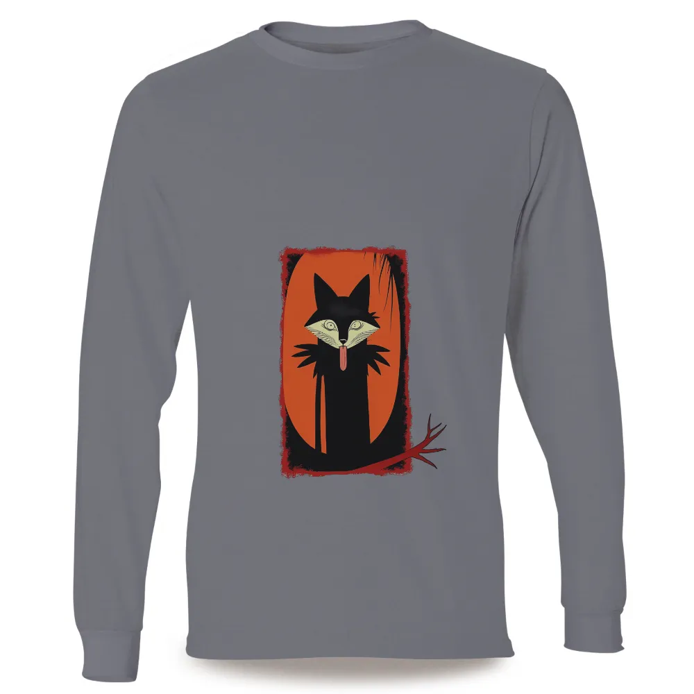 Graphic Tees: Whimsical Black Fox in a Magical Orange Moon| playful mischief