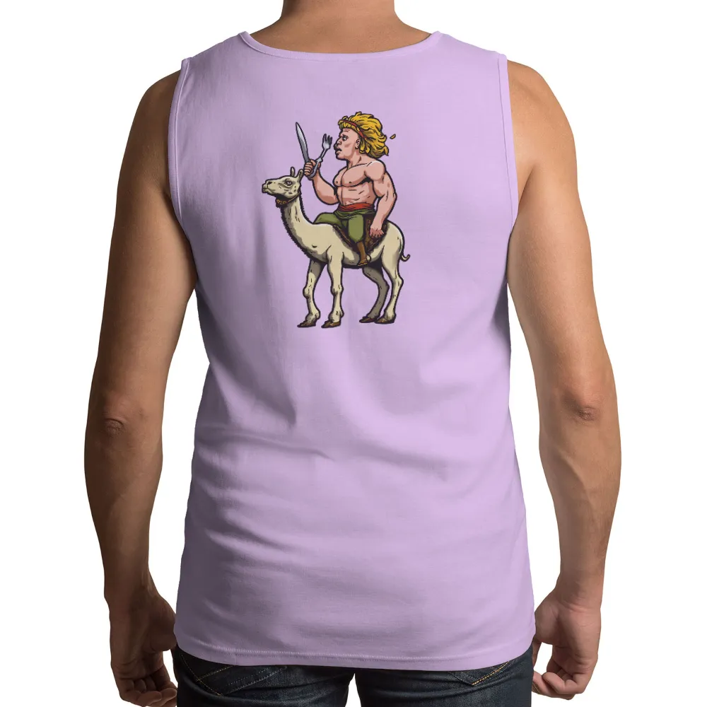 Customized Apparel: Muscular Man on Llama with Knife and Fork - Unique, Humorous Design|women's 80's vintage t shirts