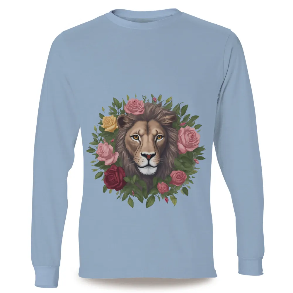 T-Shirts Design: Lion and Roses - A Blend of Strength and Beauty|Majestic lion surrounded by roses