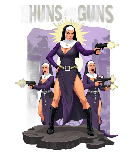 TShirt Design: Huns with Guns - Fierce Nuns Ready for Battle