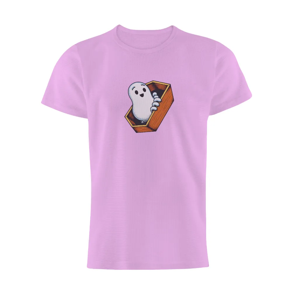 Tee Shirt Printing: Whimsical Ghost Emerging from Coffin| Curious ghost exploring the world