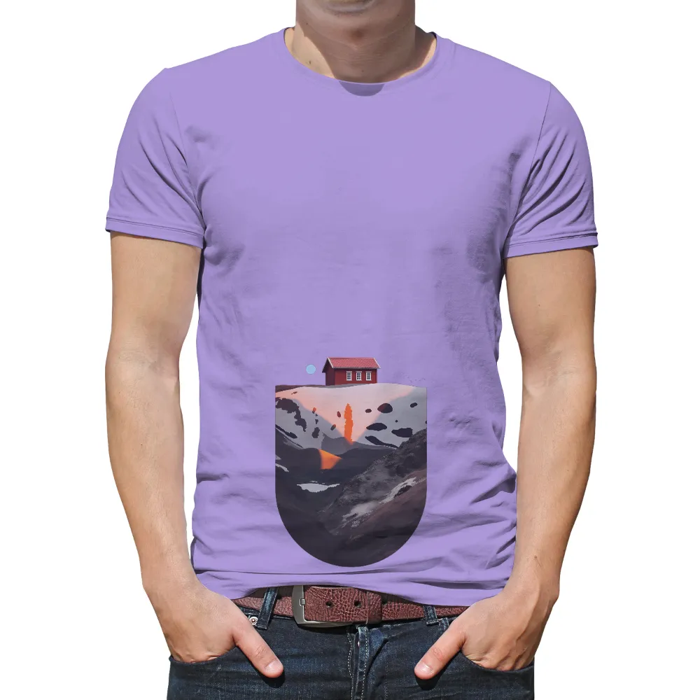 Tee Shirt Printing: Serene Red House on Mountain Landscape| mysterious atmosphere