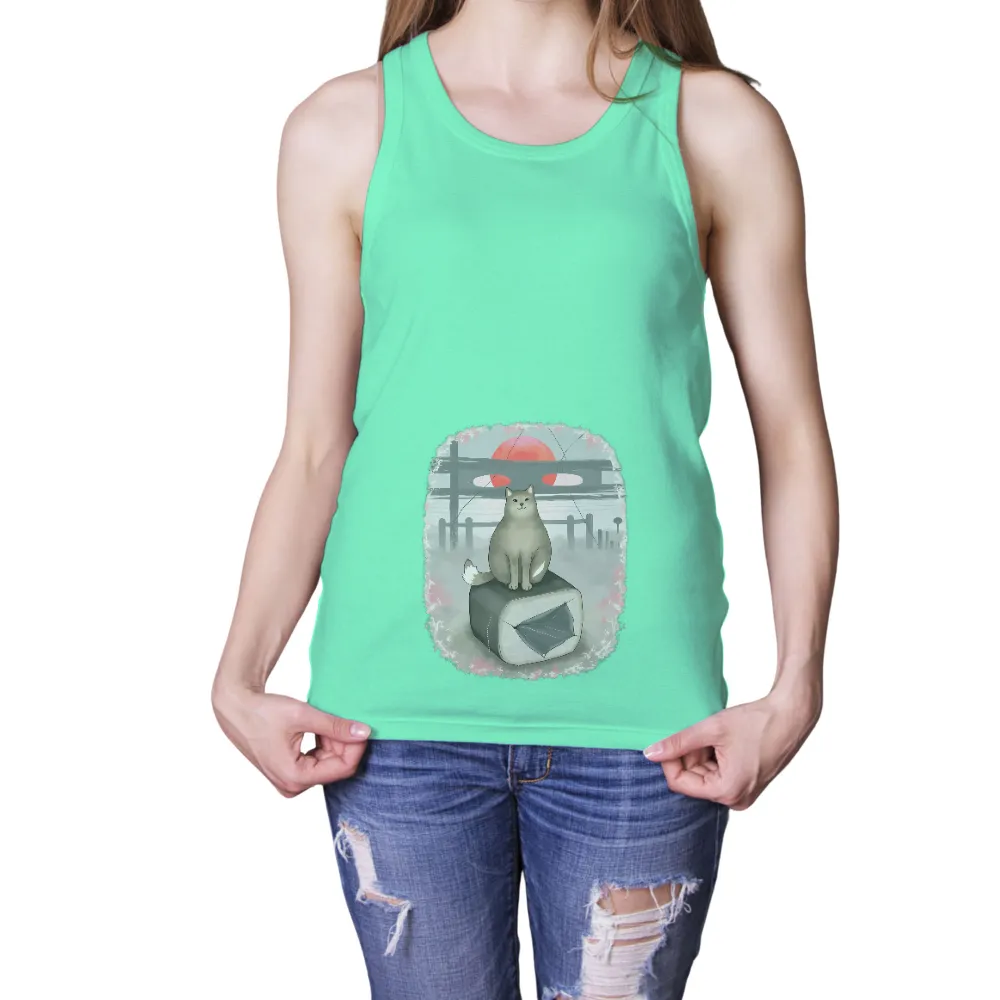 T-Shirts Custom: Serene Cat on Sushi - Peaceful Moments| serene atmosphere