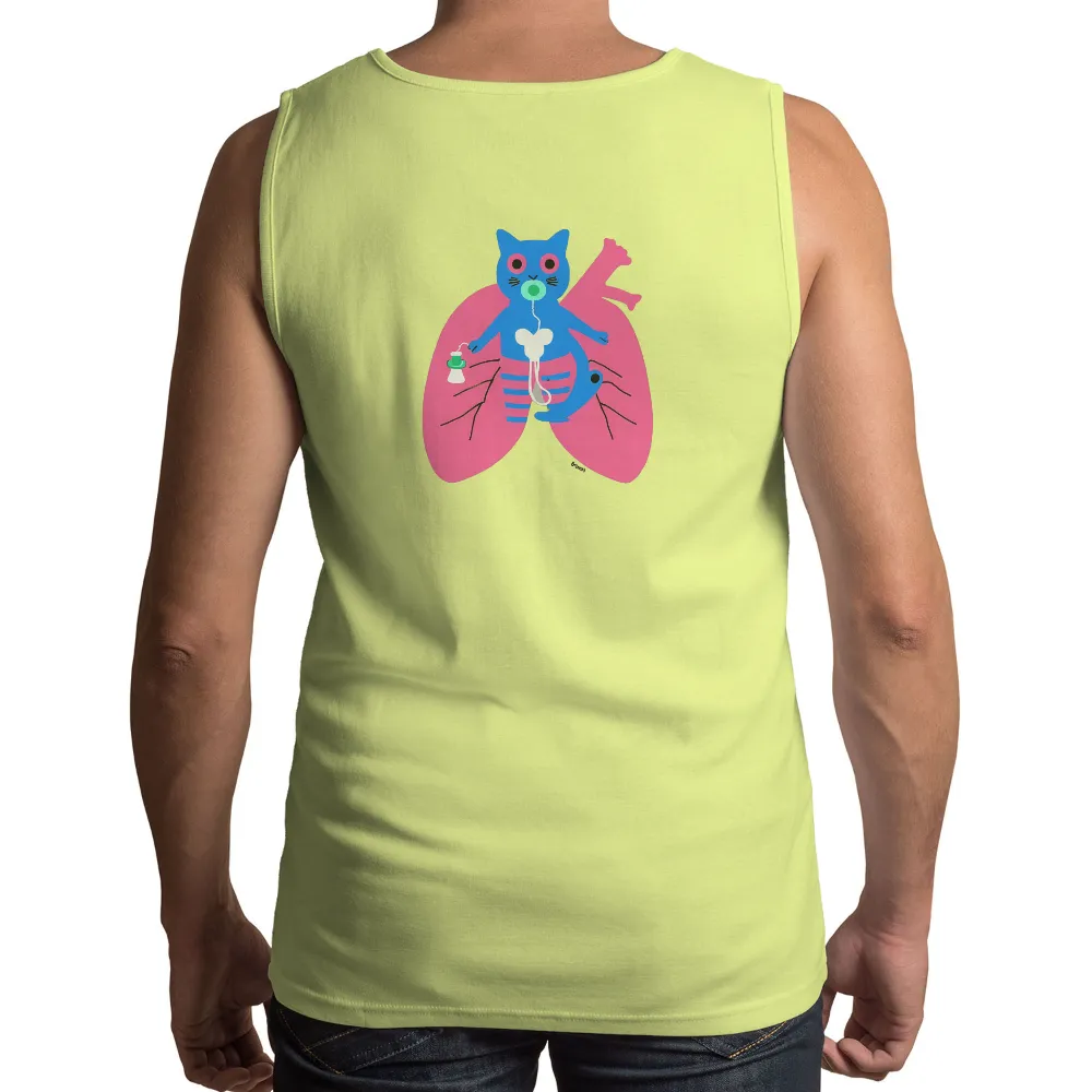 Customized Tee Shirts: Whimsical Cat and Lungs Design for Health Enthusiasts| Green bottle held by cat