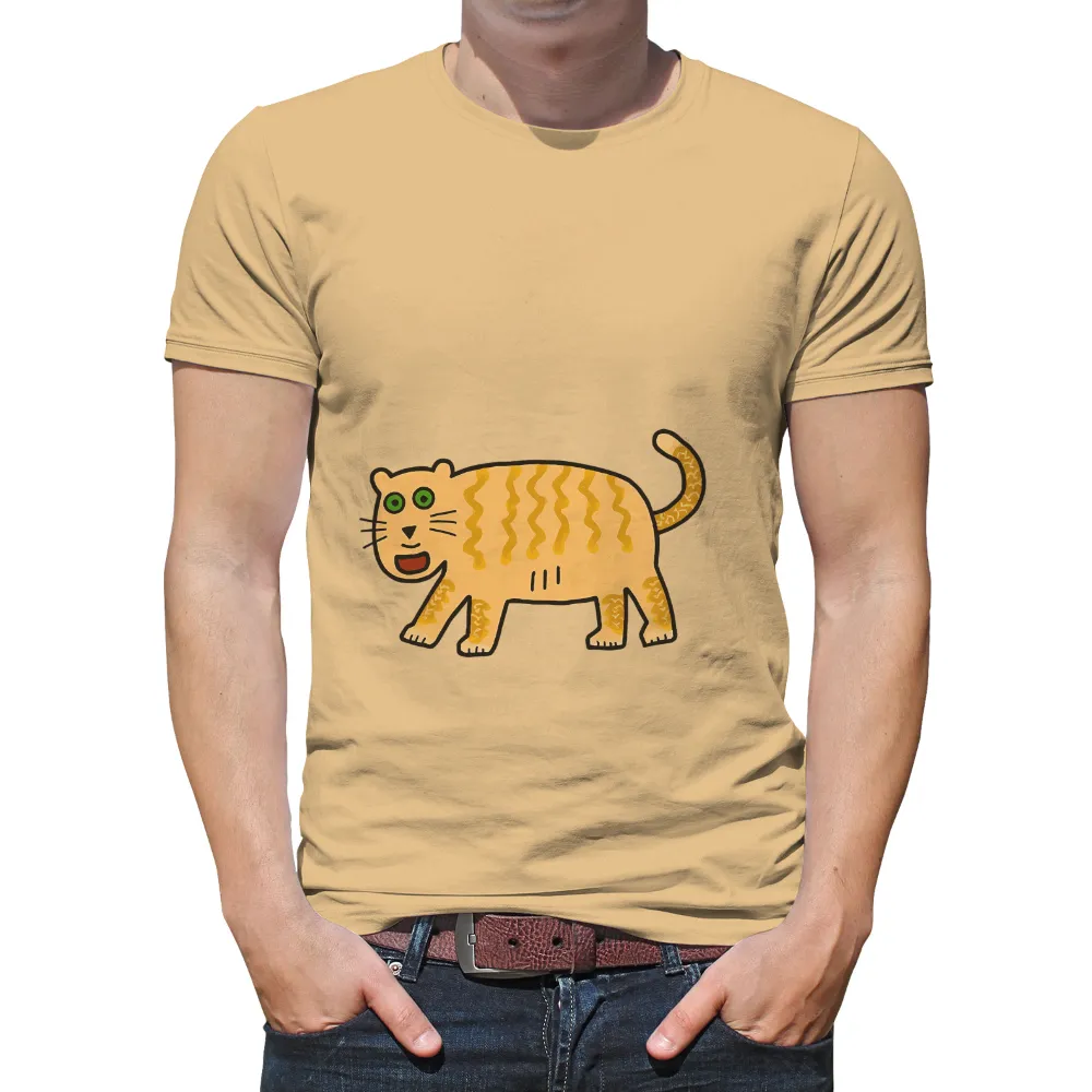 TShirt Design: Whiskers the Playful Cat| orange cat with green eyes