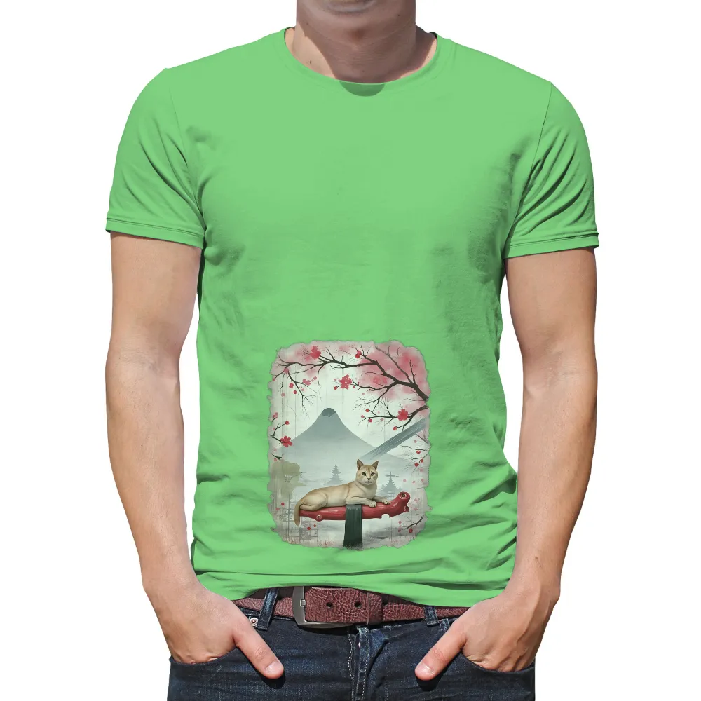 Tee Shirts Printed: Serene Cat on Katana | Japanese Culture Tees| Traditional Japanese katana