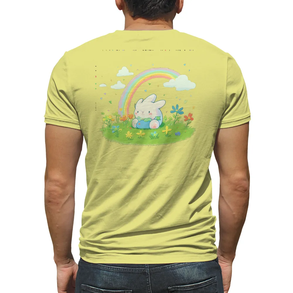 Whimsical Bunny Rainbow Design with Flowers and Hearts|guess rainbow striped shirt