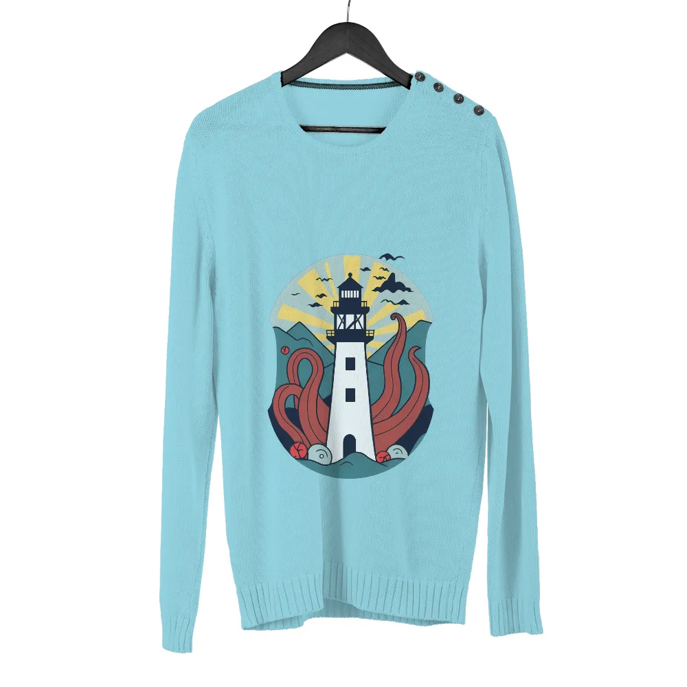 Shirts Graphic Tees: Lighthouse & Tentacles - Nautical Mythology| Radiant sunburst