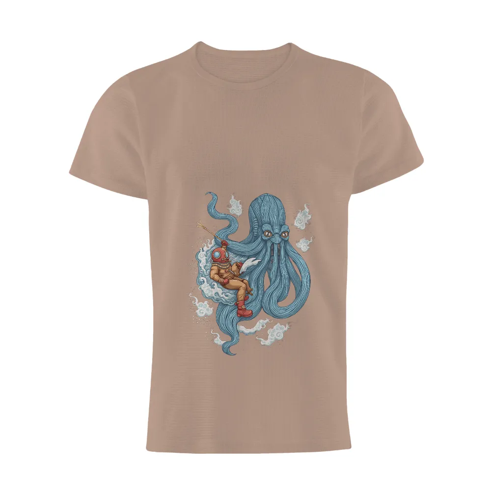 Shirts Graphic Tees: Deep Sea Adventure with Diver and Octopus| Expressive octopus eyes