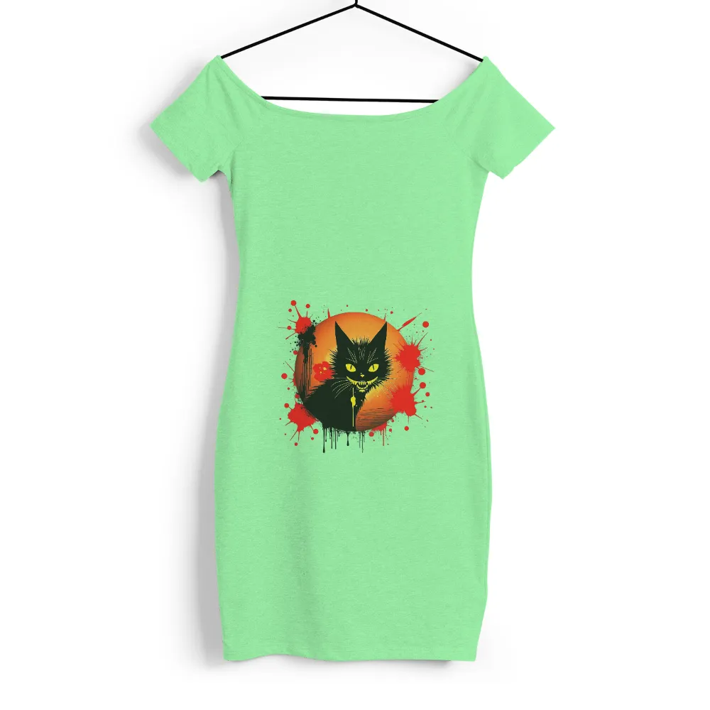 T-Shirts Pattern: Black Cat & Blood-Red Moon - Artistic Design|Menacing black cat with glowing yellow eyes