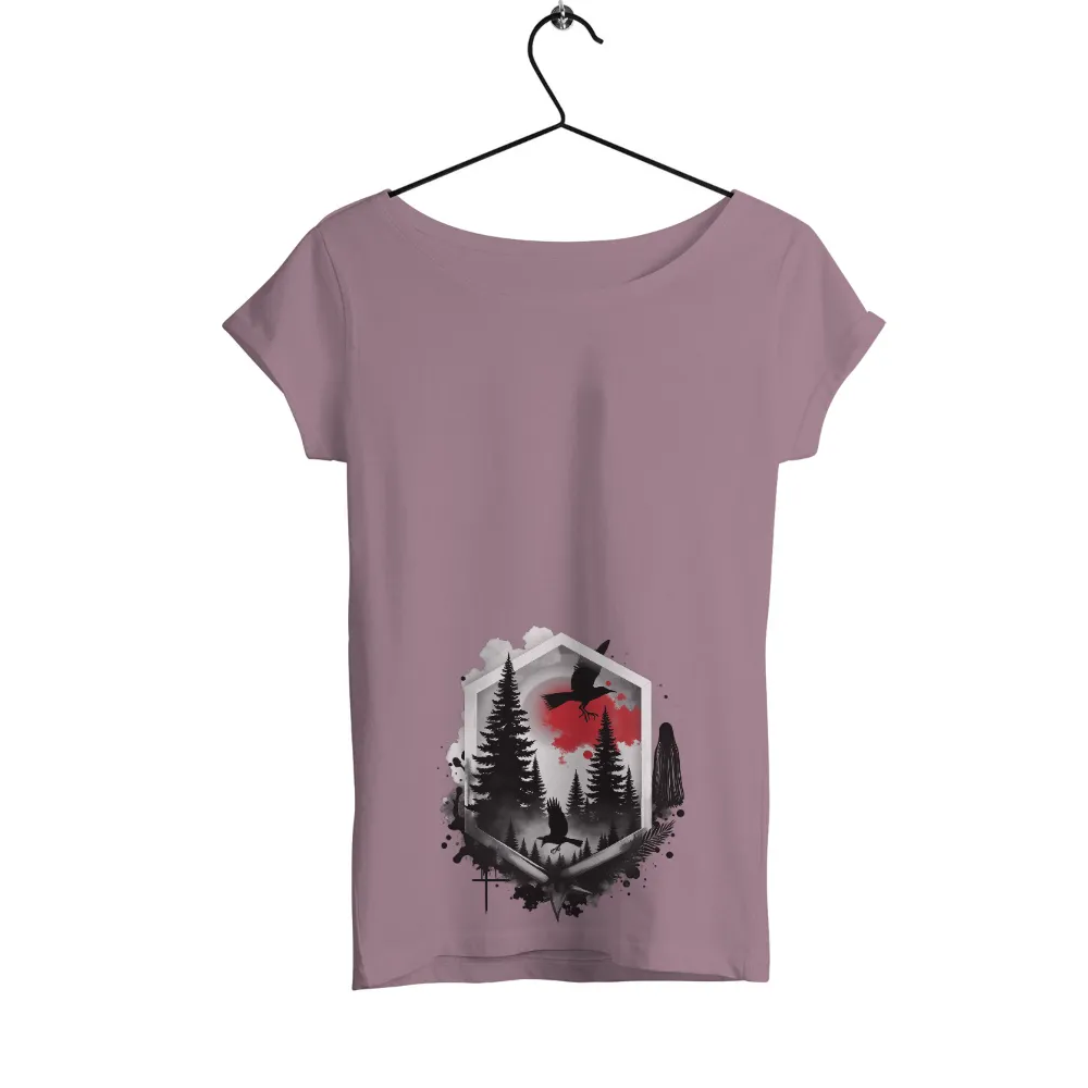 T-Shirt Printing: Forest Ravens Under a Blood-Red Sky|Hexagonal frame enclosing a forest landscape