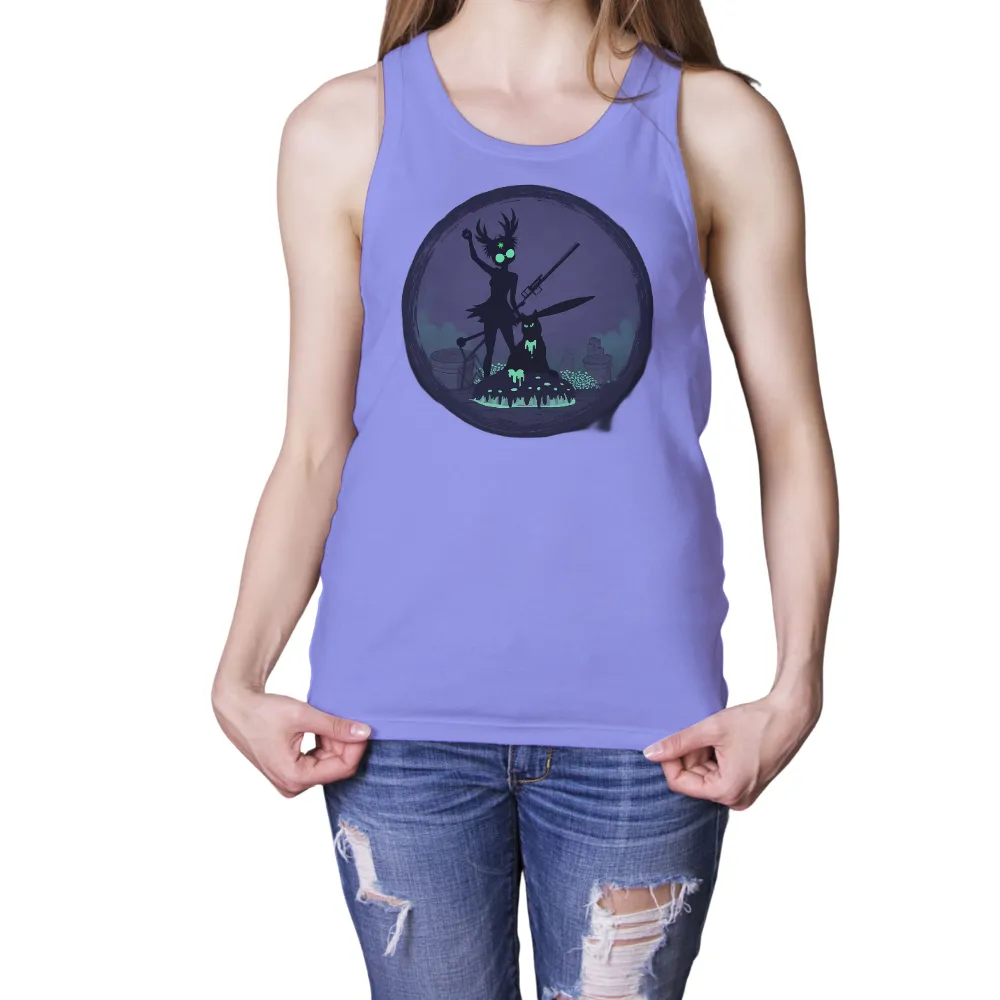 T-Shirts Pattern: Cyberpunk Girl with Glowing Eyes and Black Cat|alien cat vibrating