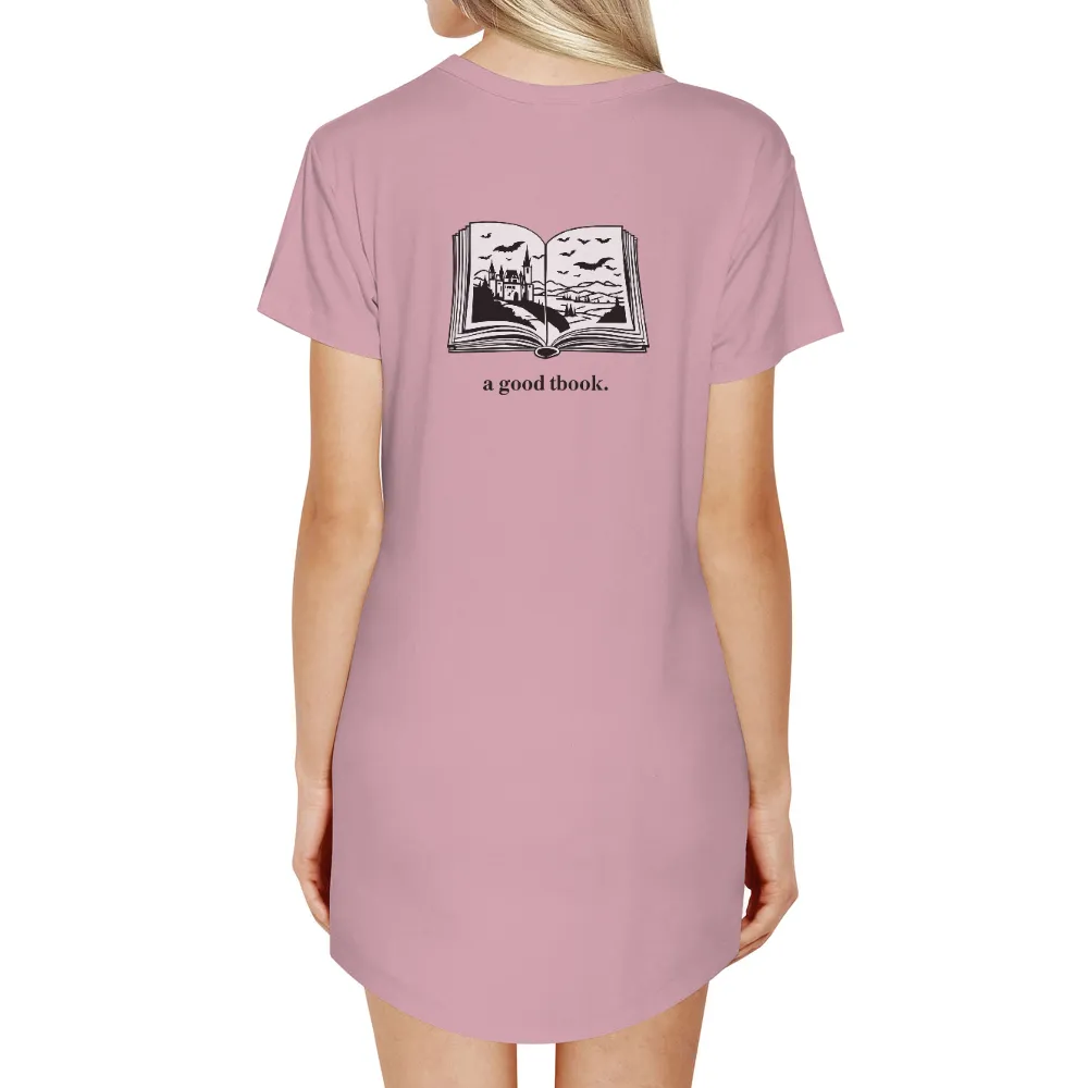 T-Shirts Pattern: Gothic Castle in an Open Book| detailed landscape with rolling hills