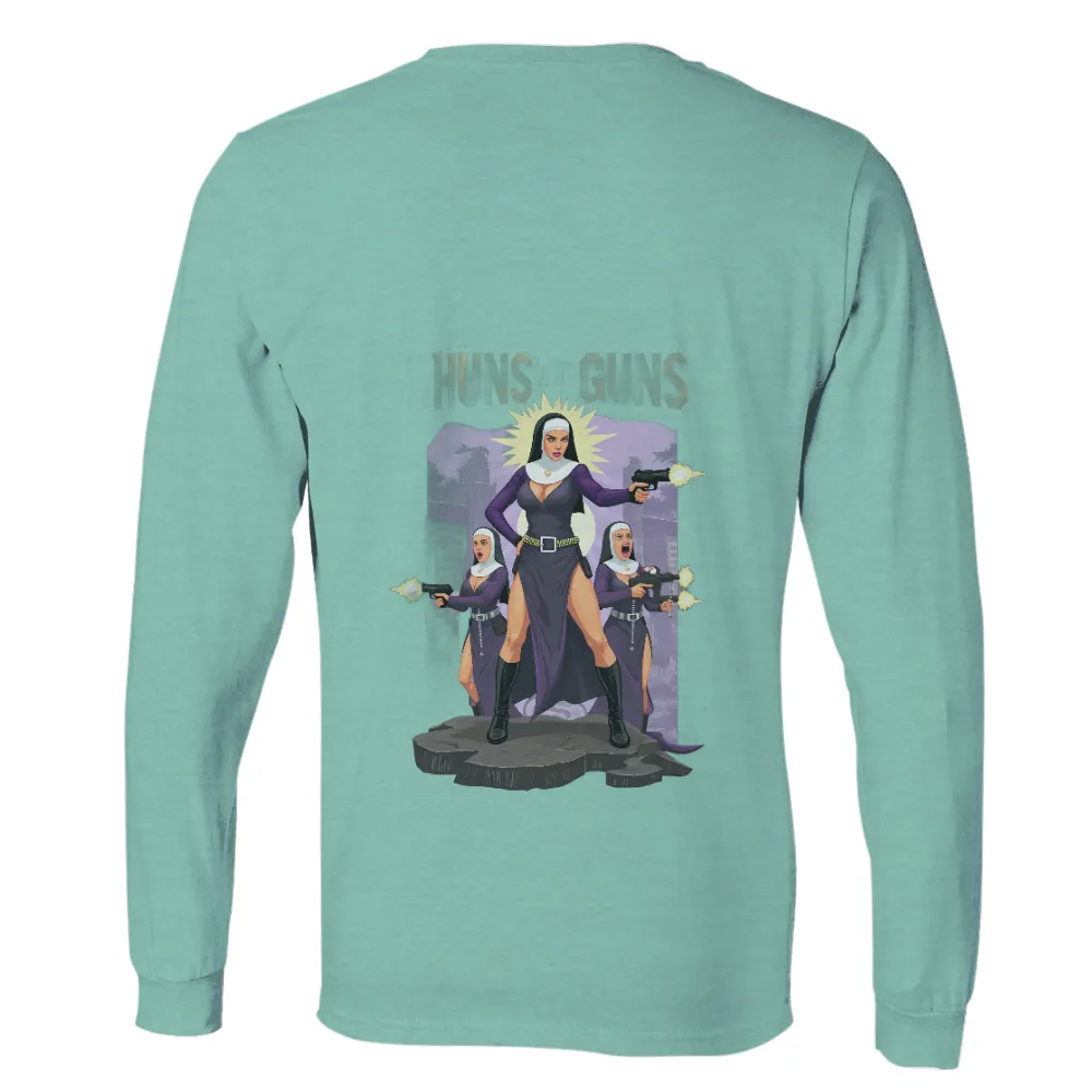 TShirt Design: Huns with Guns - Fierce Nuns Ready for Battle| Dynamic nuns ready for battle