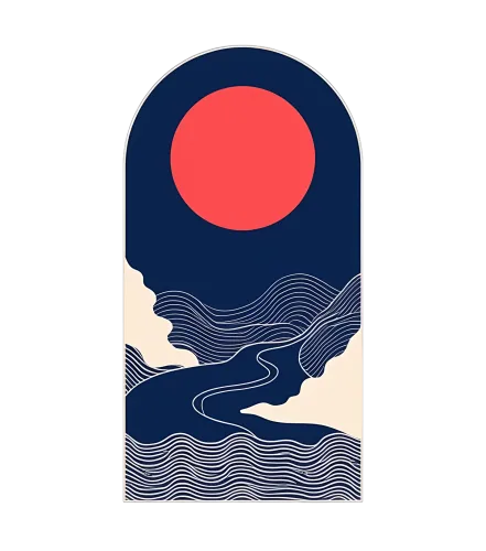 T-Shirts Pattern: Serene Landscape with Red Sun and Winding River