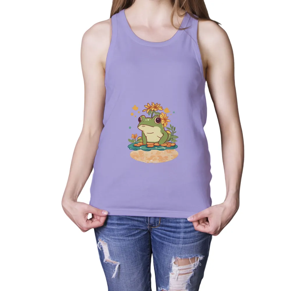 TShirt Printing: Serene Frog with Yellow Flowers - Nature's Tranquility|green bean 5s graphic tee