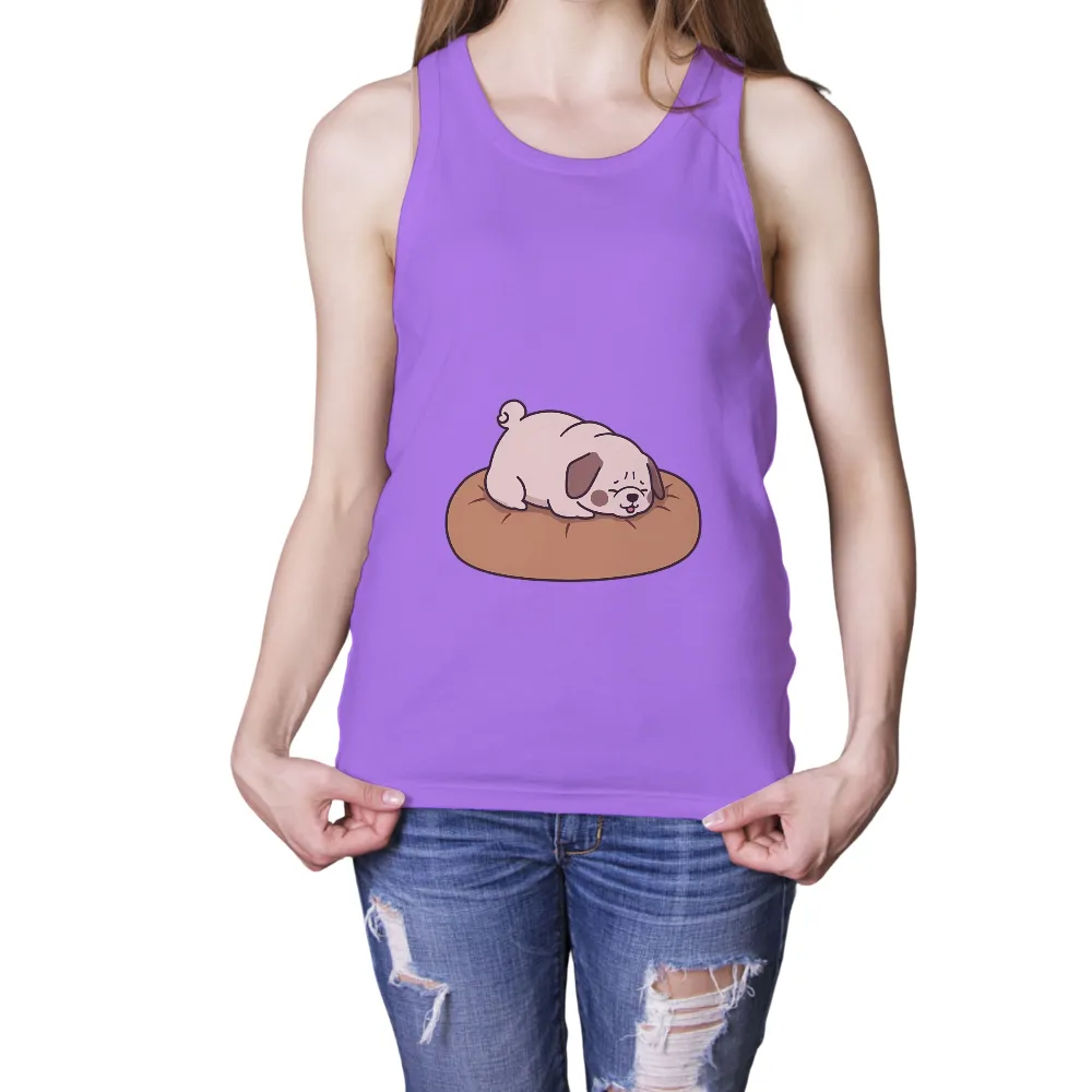 Customized Tee Shirts: Chubby Dog on Pillow - Adorable and Comfortable Design| Cute dog design