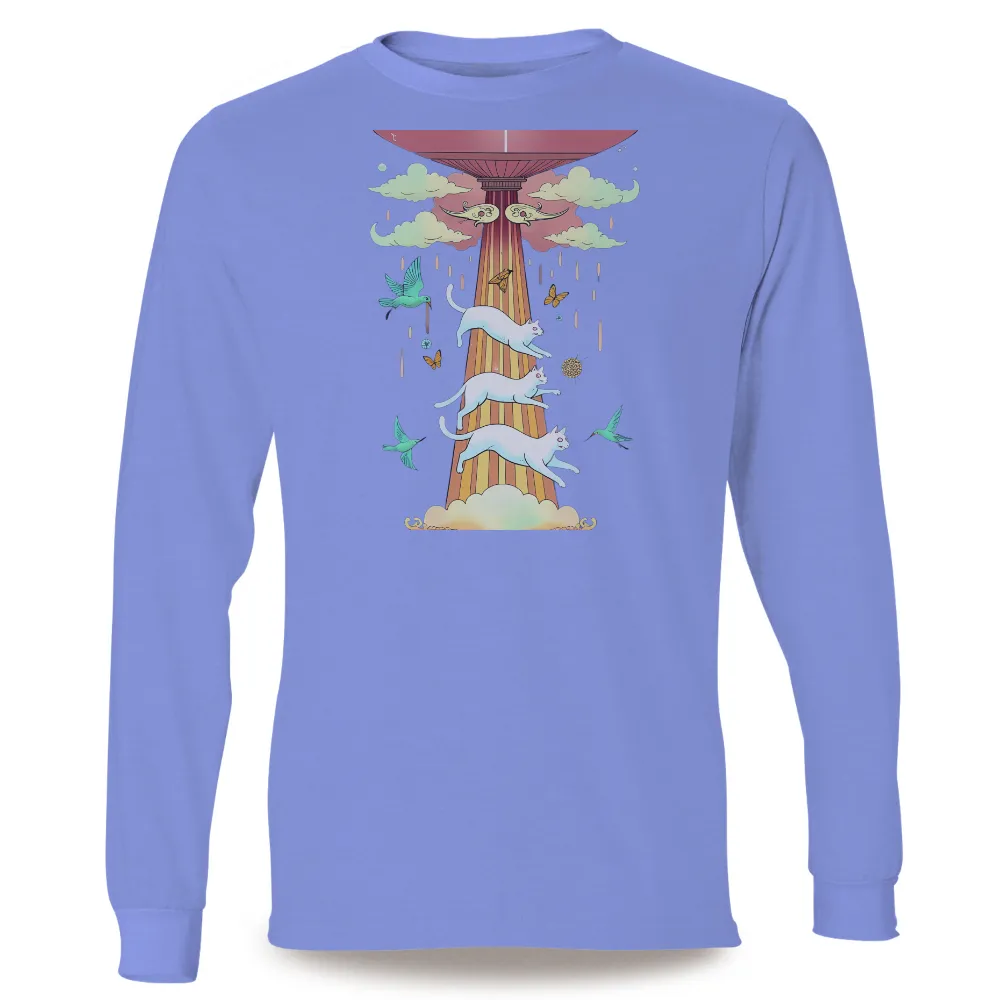 Custom T-Shirt Printing: Ascending Cats - Whimsical Staircase Design| butterflies dancing around the staircase