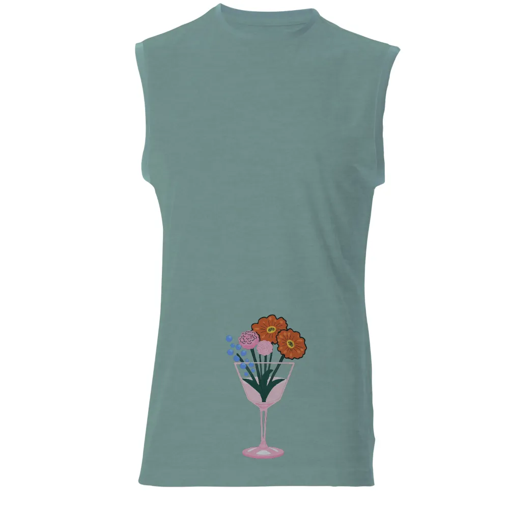 T-Shirts Design: Elegant Floral Arrangement in a Pink Glass Vase| orange poppies