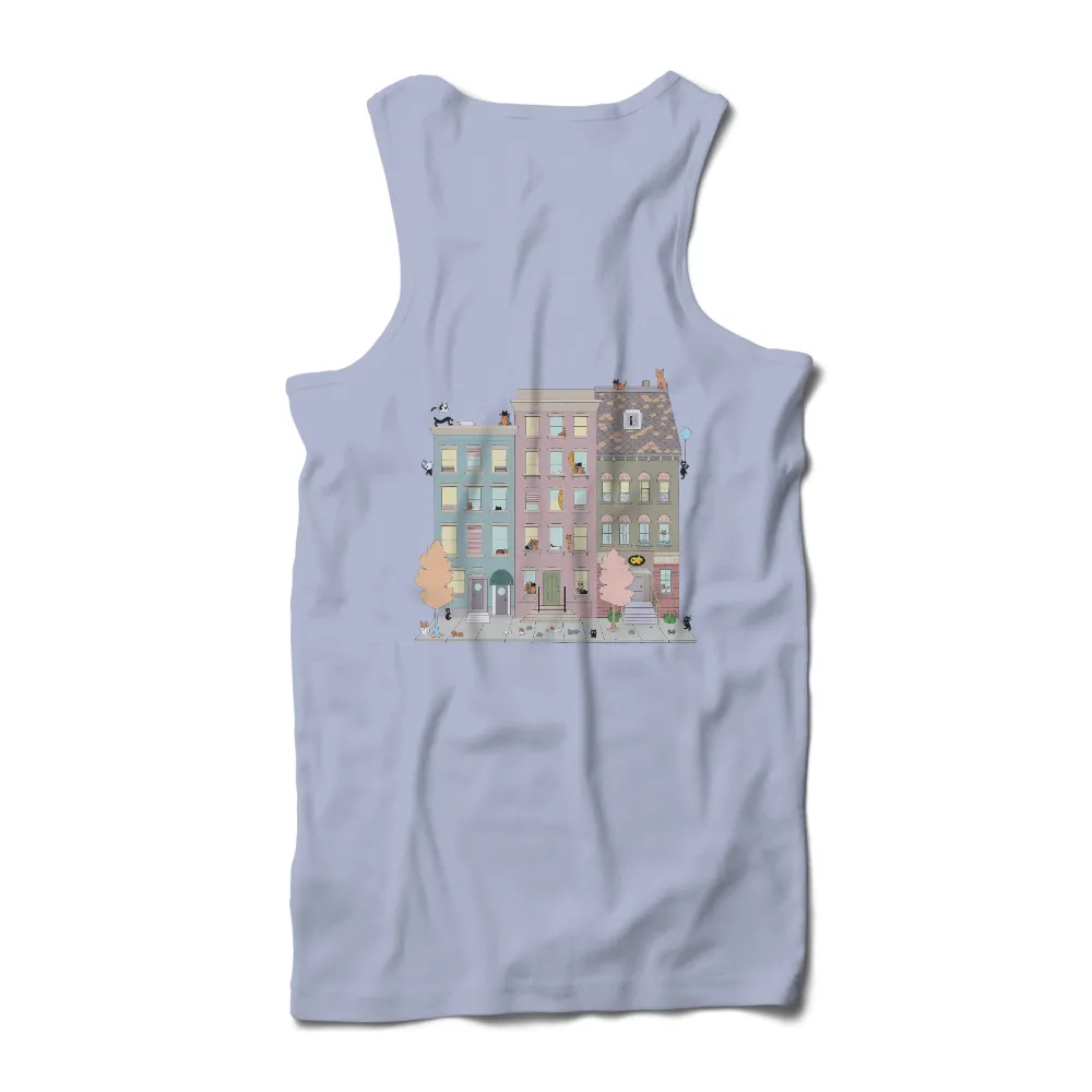 TShirt Printing: Whimsical Cats in Pastel Buildings|Cats lounging on windowsills