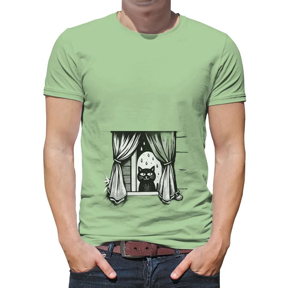 TShirt Design: Whiskers' Rainy Night Adventure|black cat t shirt for ladies