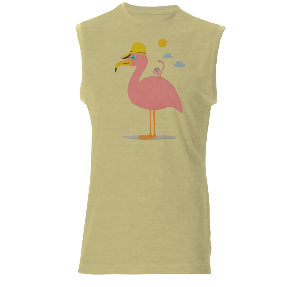 Customized Tee Shirts: Whimsical Friendship with Flamingo Fred and Tweet| Warm sun in the background