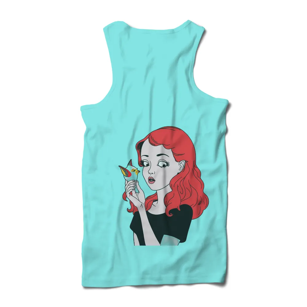 TShirt Design: Red Hair Woman with Bird - Nature's Harmony|Woman with red hair