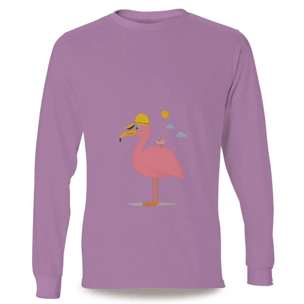 Customized Tee Shirts: Whimsical Friendship with Flamingo Fred and Tweet| Fluffy clouds surrounding the flamingo