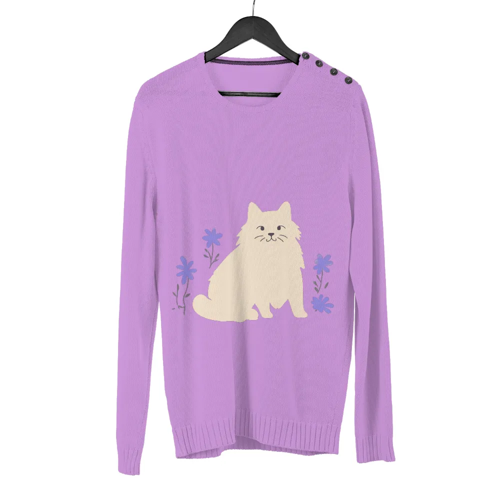 TShirt Printing: Minimalist Cat with Purple Flowers - Tranquil Elegance|tanjiro cat shirt