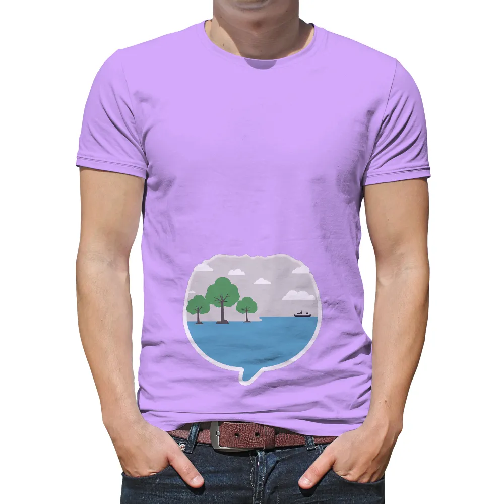 Tee Shirts Printed: Serene Nature Scene | Peaceful Trees and Sea|speech bubble frame