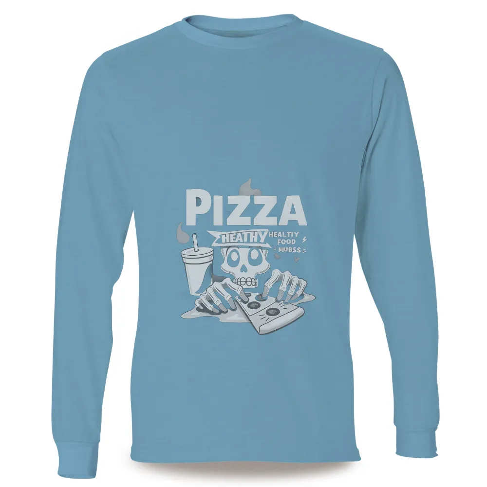 Tee Shirts Printed: Skeleton Pizza Love - Funny Food Tees|Skeleton enjoying pizza