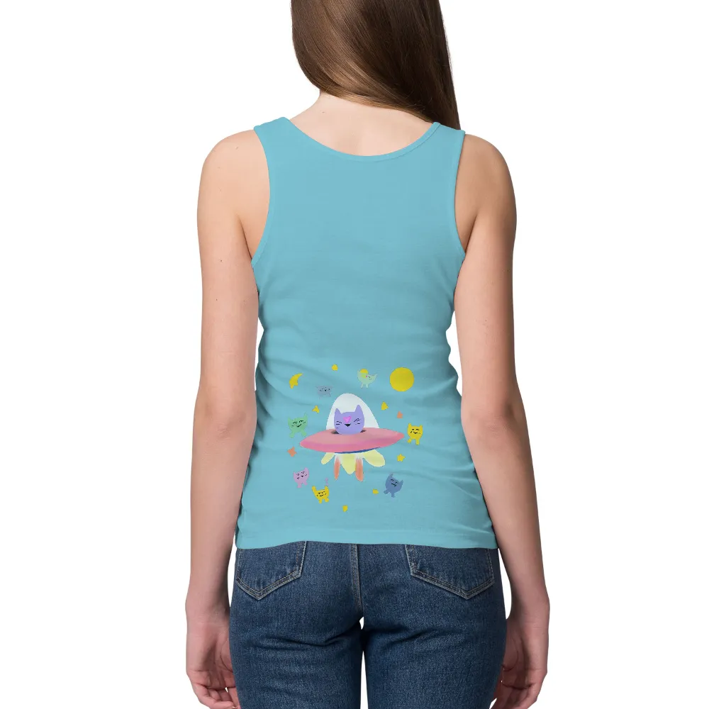 T-Shirts Design: Cosmic Adventure with Colorful Cats| vibrant colors