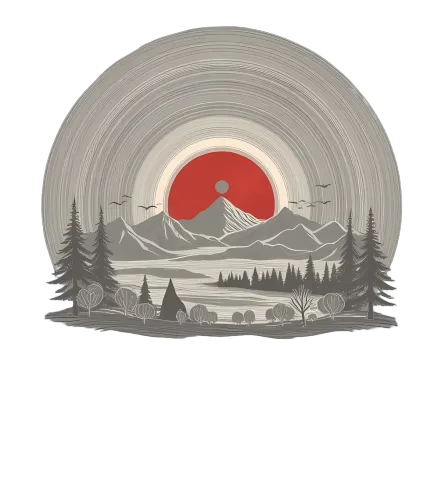 TShirt Design: Serene Landscape with Majestic Mountains and Red Sun