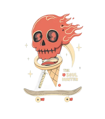 TShirt Printing: The Soul Hunter - Flaming Skull, Ice Cream Cone & Skateboard