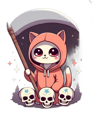 TShirt Design: Luna the Guardian Cat with Scythe and Skulls