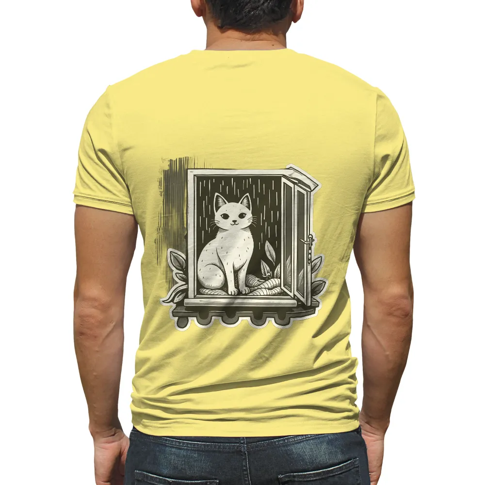 Custom Tee Shirts: White Cat on Windowsill - Serenity in Rain|t shirt black and white roblox