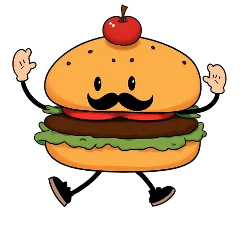 Customized Tee Shirts: Quirky Burger with Mustache and Cherry - Joyful Urban Life