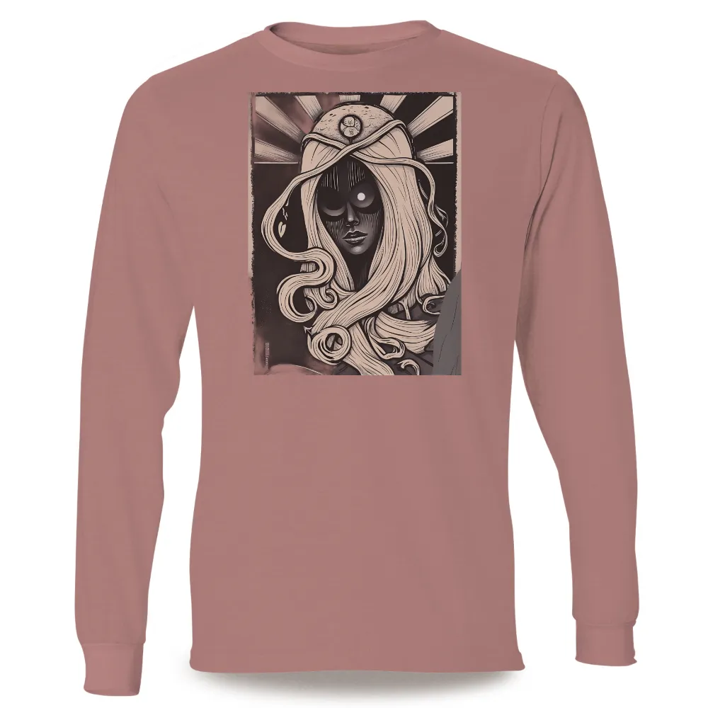 Customized Tee Shirts: Enigmatic Goddess in Modern Mythology|Mysterious woman with long flowing hair