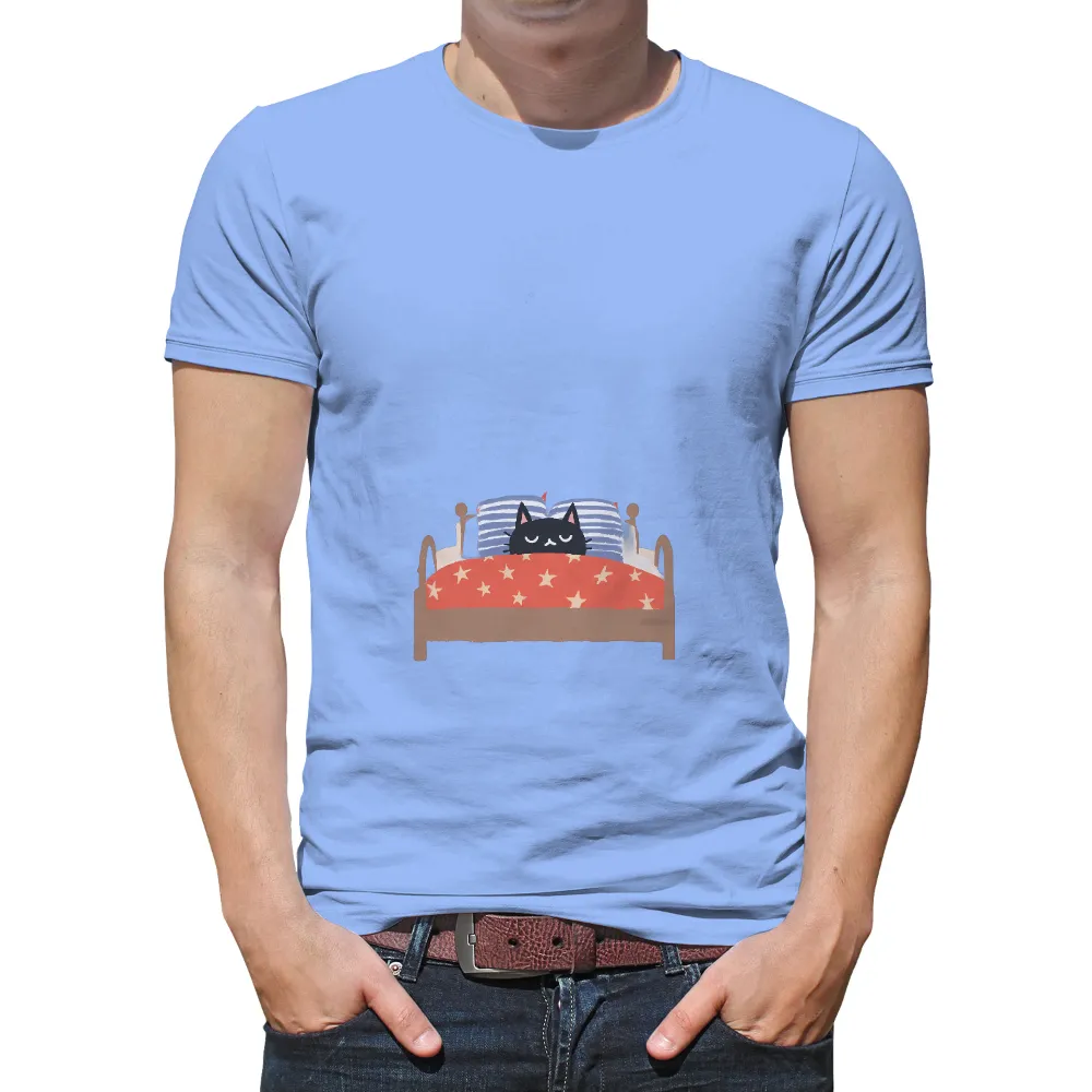 T-Shirt Printing: Cozy Nights with Whiskers - Black Cat, Red Blanket & Golden Stars| Cozy bedroom scene