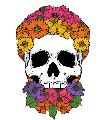 T-Shirt Printing: Vibrant Skull with Flowers - Artistic Celebration of Life and Death