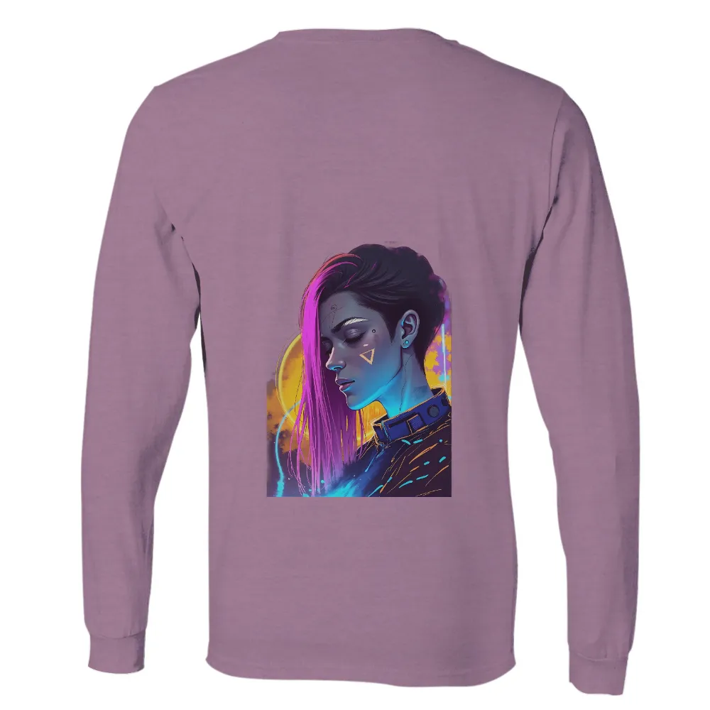 Futuristic Cyberpunk T-Shirt Printing | Neon Lights & Vibrant Colors| Flowing hair in deep purple and bright pink