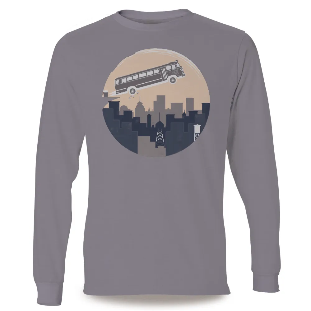 Custom T-Shirt Printing: Vintage Bus Soaring Over Cityscape|capitalist nostalgia shirt