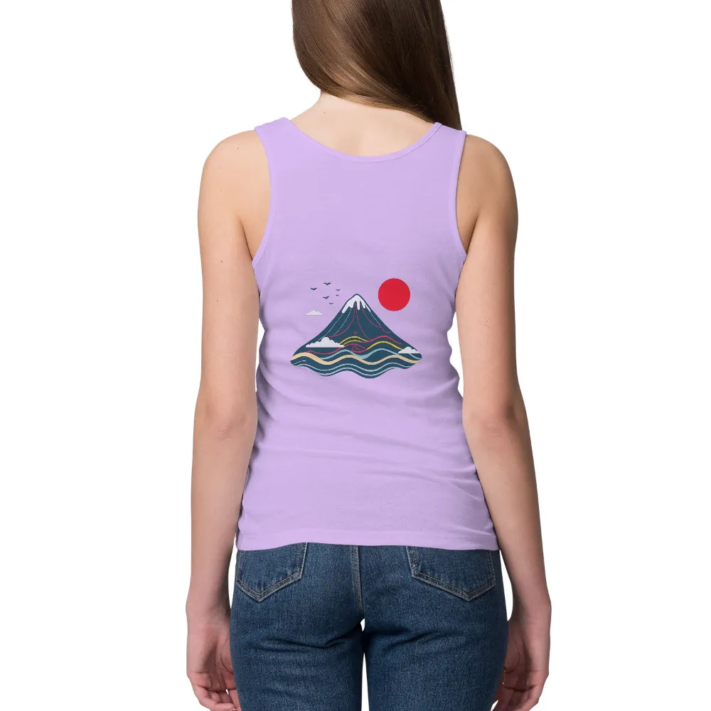 Tee Shirt Printing: Mount Fuji and the Red Sun - Artistic T-Shirts| Clouds and birds in the sky