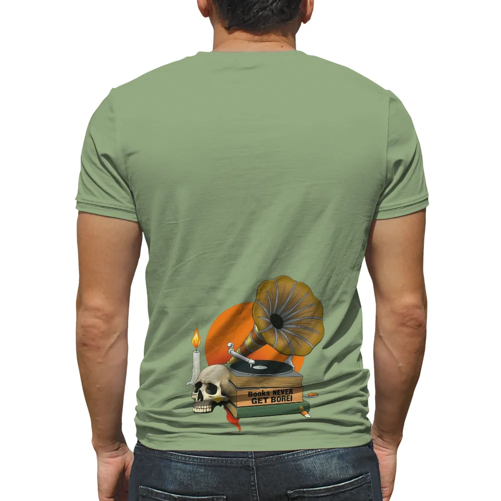 Custom T-Shirt Printing: Vintage Gramophone and Books - Never Get Bored!| Skull and candle