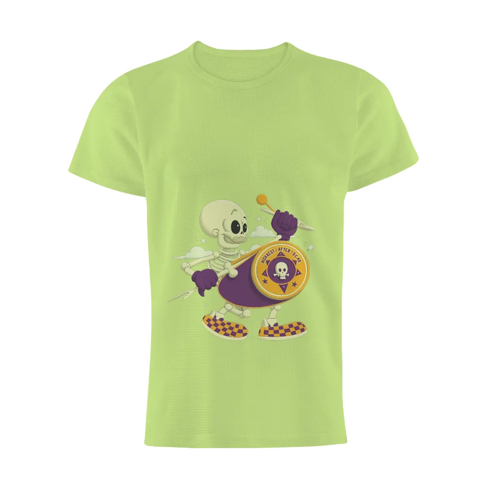 TShirt Design: Whimsical Skeleton Drumming Under the Stars| Purple gloves and checkered shoes