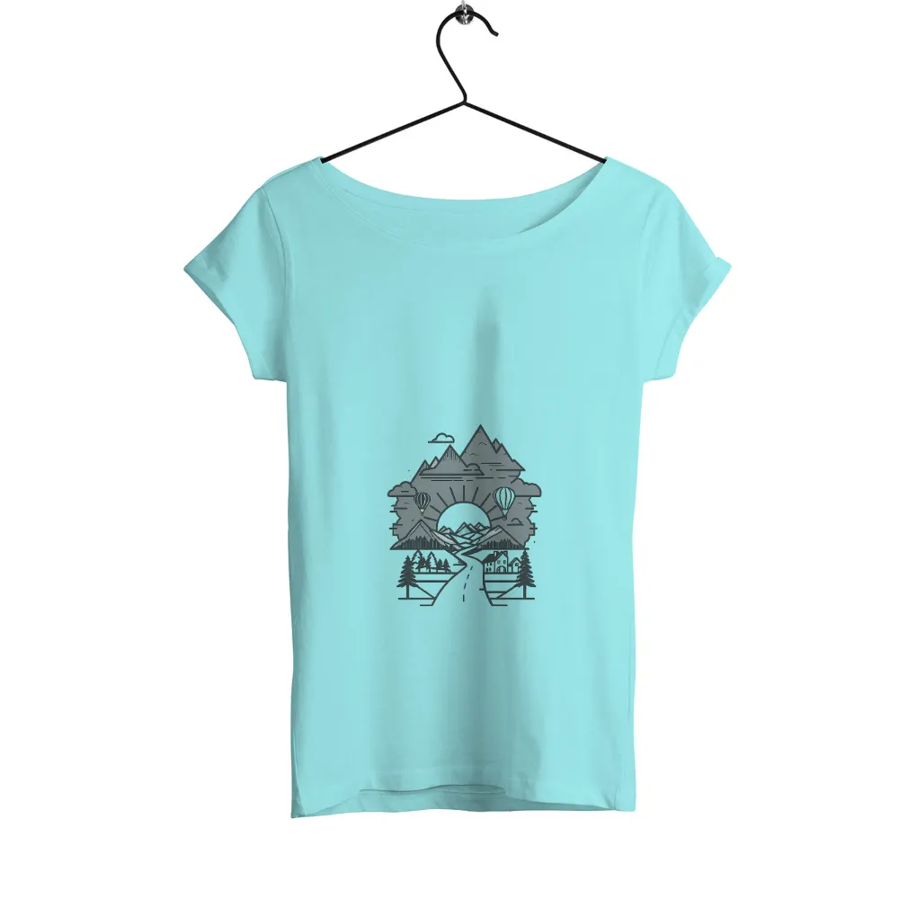 T-Shirts Pattern: Journey Through Nature with Mountains and Hot Air Balloons|majestic mountain range